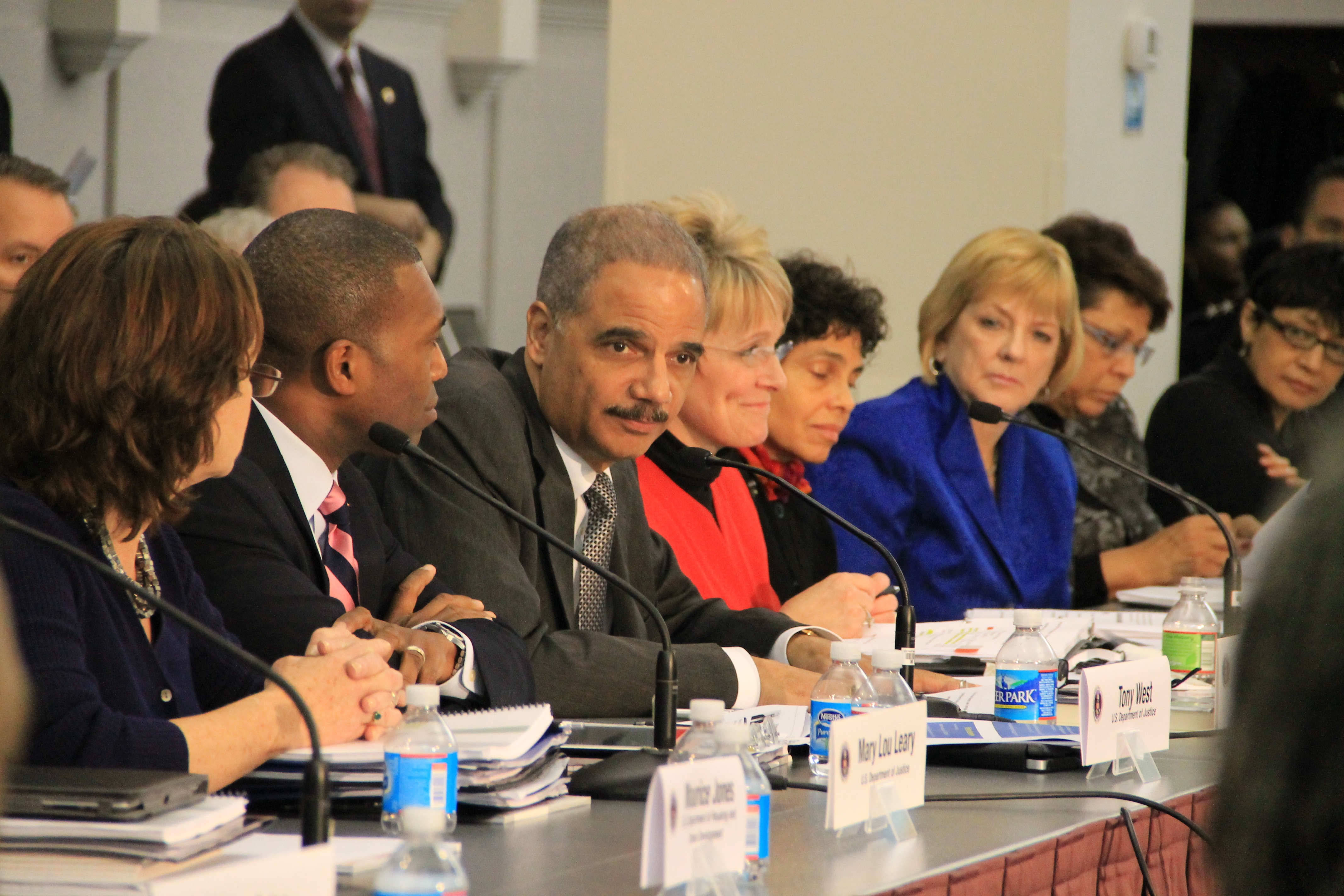 Acting Assistant Attorney General Mary Lou Leary, Acting Associate Attorney General Tony West, U.S. Attorney General Eric Holder and Acting Administrator of the OJJDP, Melodee Hanes, at a federal interagency meeting on juvenile justice Wednesday