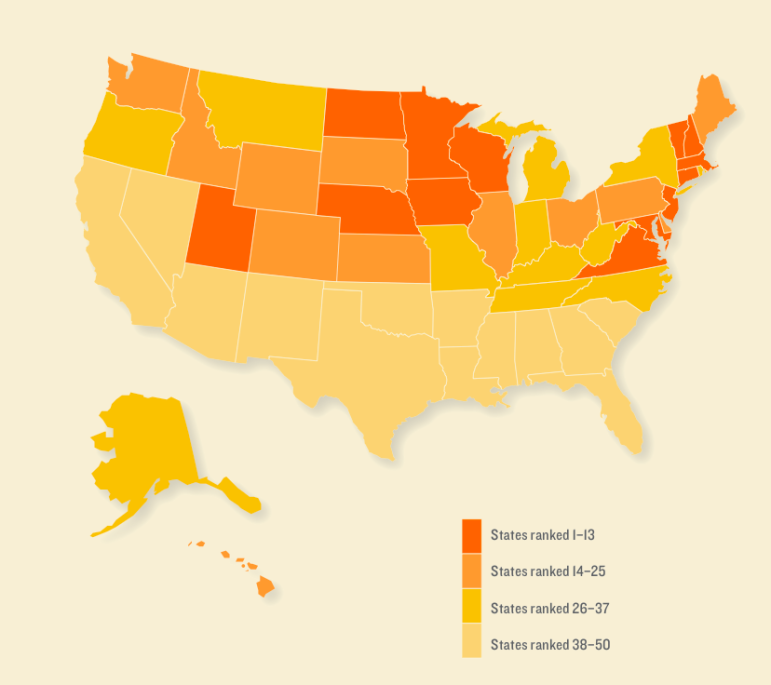 The 2014 Kids Count report from the Annie E. Casey Foundation ranked states based on how well children are faring. States with the highest ranking are Massachusetts, Vermont, Iowa, New Hampshire and Minnesota. The lowest-ranking states, based on measure of economic, health, educational and family well-being, are Arizona, Louisiana, Nevada, New Mexico and Mississippi.