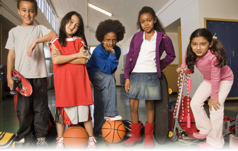 OST Hub: Five Elementary school children standing in schoolhallway with sports equipment in various poses that show strenth and determination.