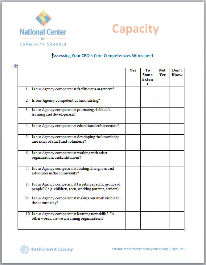 Assessing Your CBO’s Core Competencies Worksheet