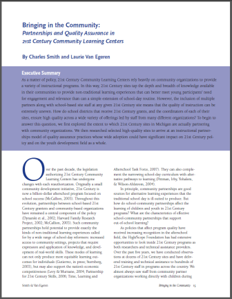 Bringing in the Community - Partnerships and Quality Assurance in 21st Century Community Learning Centers