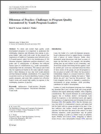 Dilemmas of Practice - Challenges to Program Quality Encountered by Youth Program Leaders
