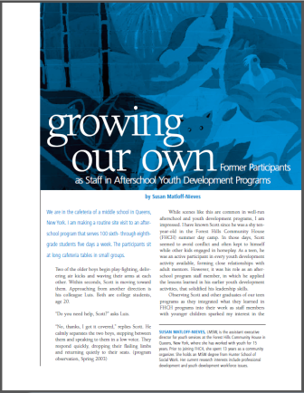 Growing Our Own - Former Participants as Staff in Afterschool Youth Development Programs
