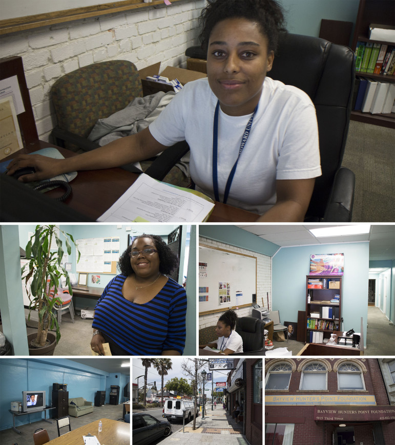 Top photo: Rachean Johnson sitting at the front desk of the Bayview Hunters Point Youth Foundation. Middle-left: Counselor Julia Barboza has worked at the Bayview Hunters Point Youth Foundation for the past five years. Middle-right: Rachean Johnson works as the administrative assistant at the Bayview Hunters Point Youth Foundation. Bottom-left: Inside the recreational center at the Bayview Hunters Point Youth Foundation. Bottom-middle and bottom-right: Outside of the Bayview Hunters Point Youth Foundation.