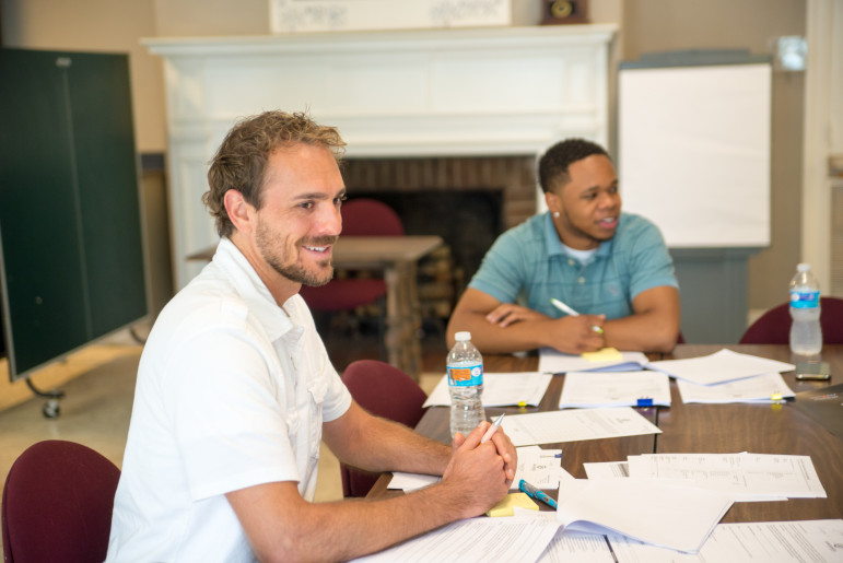 GameChangers, a program of the Knoxville (Tenn.) YWCA teaches boys 11 -14 to recognize and oppose dating violence, domestic violence and other violence against women. Here, mentors Chris Cockerille (left) and Chris Whitehead get training to lead a group.