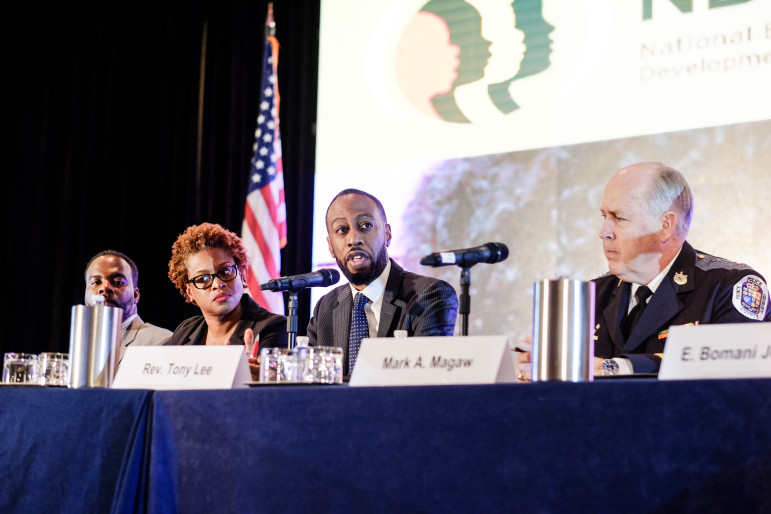 Rev. Tony Lee, senior pastor of the Community of Hope African Methodist Episcopal Church in Temple Hills, Maryland, speaks during a panel at the National Black Child Development Institute's annual conference in Arlington, Va.