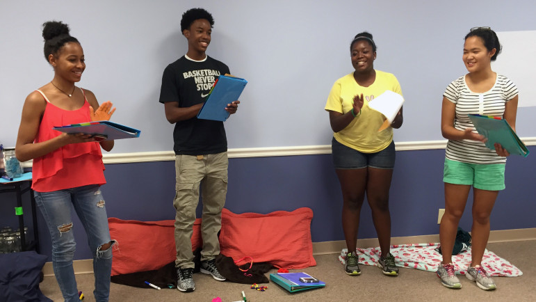 YAB members practice a group presentation and individual public speaking skills as they prepare to deliver a skit to educate their peers. 