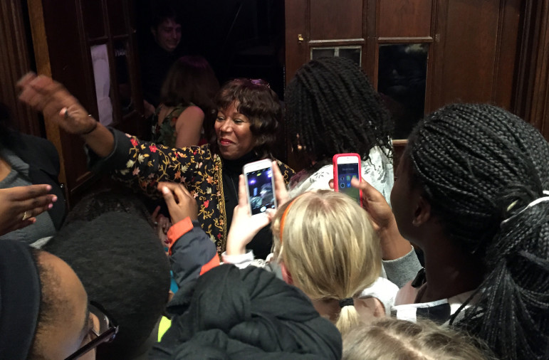 Ruby Bridges chats with young people after speaking about her experience as the first African American student to attend a white elementary school in the south. Bridges spoke Thursday night at Columbia High School in Maplewood, New Jersey.