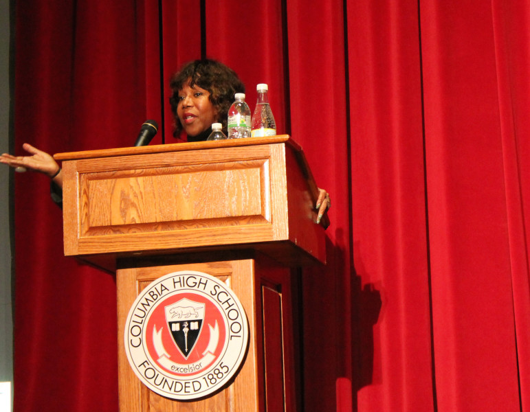 Ruby Bridges speaks about her experience as the first African American student to attend a white elementary school in the south. Bridges spoke Thursday night at Columbia High School in Maplewood, New Jersey. 