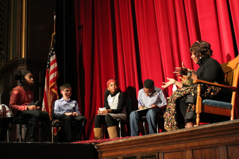 Ruby Bridges talks with students from the South Orange-Maplewood School District. Bridges spokeThursday night at Columbia High School in Maplewood, New Jersey. 