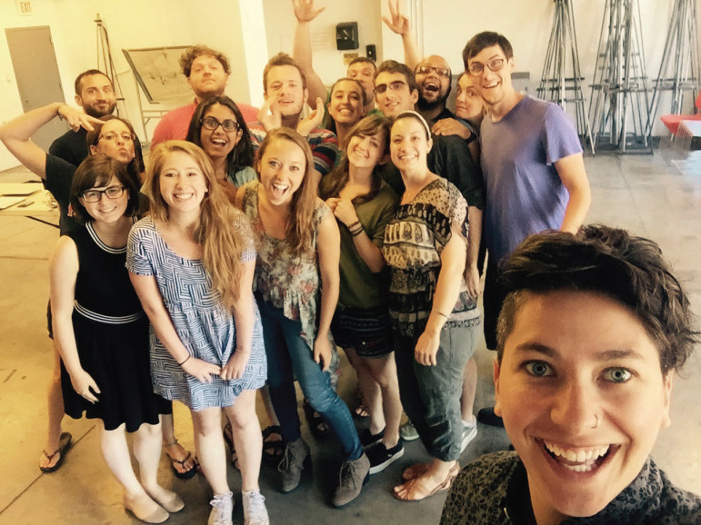 Shana Natelson (foreground), Speak About It executive director, takes a selfie with the group's peer educators/actors; program coordinator, Kaylee Wolfe (at left, wearing black dress) and creative director, David Surkin (back row, in the red shirt) during rehearsal and training in Portland, Maine.