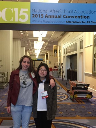 Joan Monti (left) and Mandy Lee at the National AfterSchool Association Convention in Orlando in March. Along with Xiu Ti Wang and Maryann Stimmer, they made a presentation at the convention, which included showing their own scientific work.