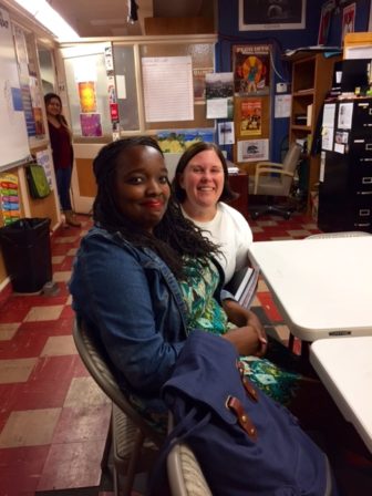Tauheeda Shakur (left) and Kim McGill of the Youth Justice Coalition, which arranged to have voter registration tables outside their community center during the concert stop in Inglewood.