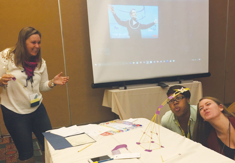 Participants at the 2016 New York State Network for Youth Success annual conference, held in Rochester, New York, use the marshmallow challenge as an interactive training activity focusing on quality program standards.