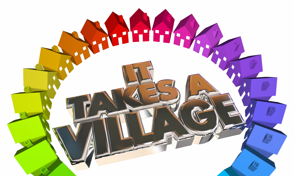 Community programs: Multicolored houses in circle around brown 3D text "It takes a village"