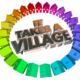 Community programs: Multicolored houses in circle around brown 3D text "It takes a village"