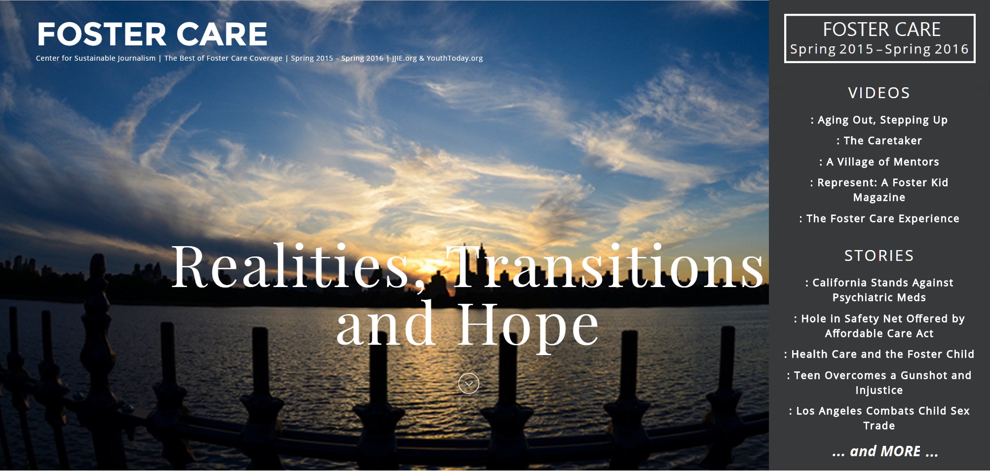 Digital magazine cover Foster Care: Realities, Transitions & Hope blue sky with clouds on lake horizon