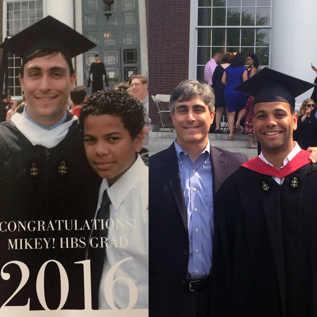 In photo at left, Austin Scee, 29 (left), and Michael Gandy, 14, are at Austin’s 2001 graduation from Harvard Business School. In the photo on right, Austin, now 44, smiles at Michael’s 2016 graduation from Harvard Business School at 29.
