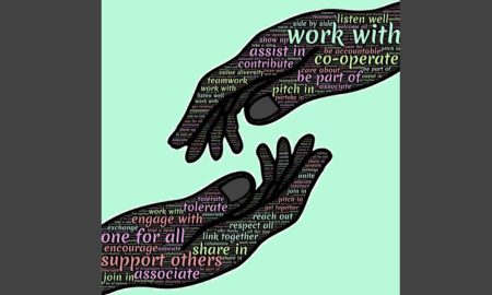 Partnership with Schools: Two hands reaching for each other filled with word clouds of partnership-related terms.