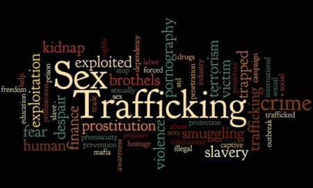 Sex Trafficking word cloud multi-colored text on black .
