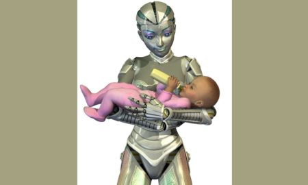Smiling female robot cradles baby dressed in pink sucking on bottle.