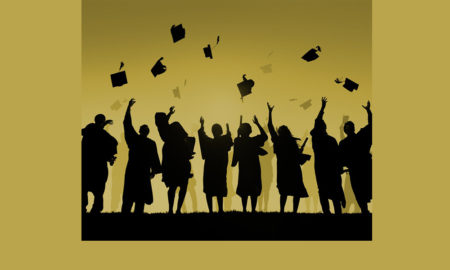 Foster care: Silhouettes of graduates throwing their mortarboards into the air.