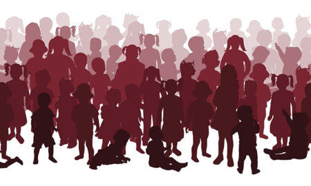 Homeless: Silhouettes of crowd of children, babies with words: Approximately 1.1 million children had a young parent who experienced homelessness during the past year.