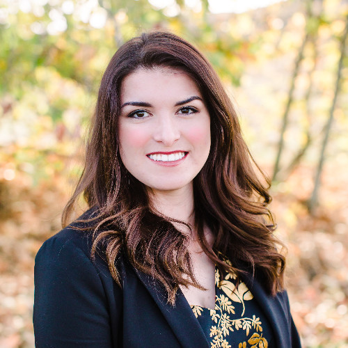 Conservatives: Amanda McGuire (headshot), president of the California College Republicans Club, smiling woman in lipstick, long brown hair, dark jacket, blue and yellow top.