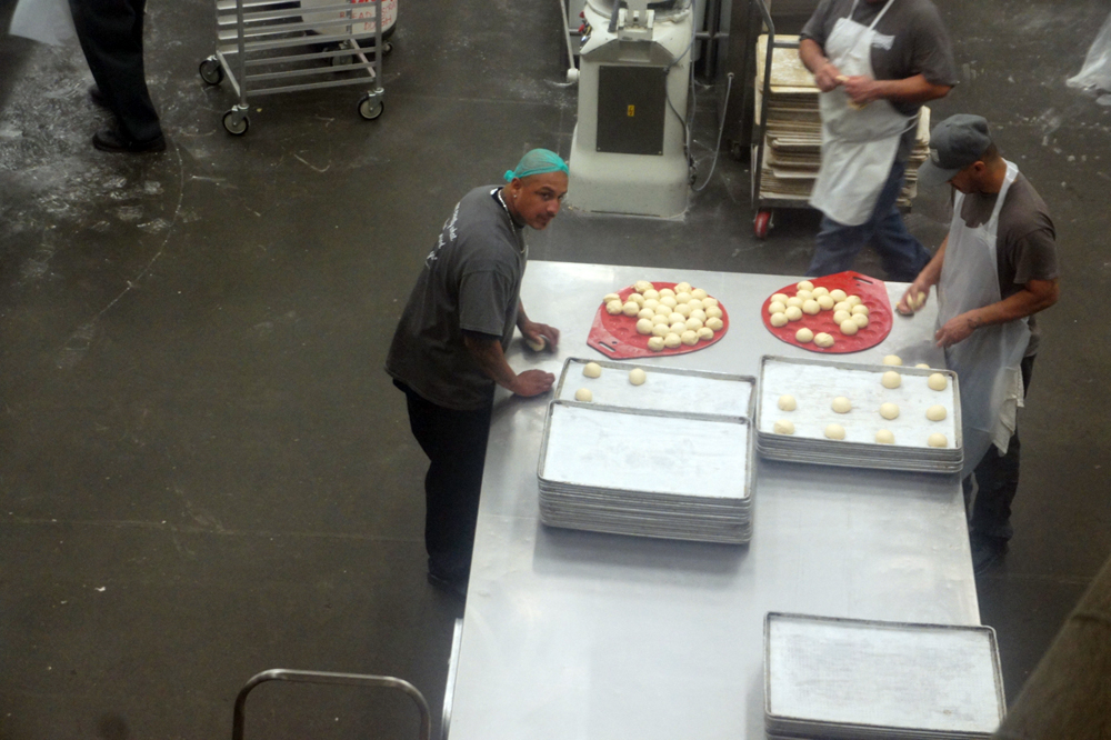 Gangs: Seen from above, two men move dough balls from big red plates to bakery sheets for baking. Background looks like industrial bakery.