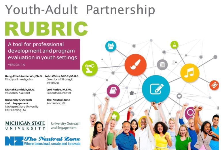 Program evaluation rubric: Youth-Adult Partnership Ribric title page with multi-colored connected circles with illustration of cheering men and women below the circles