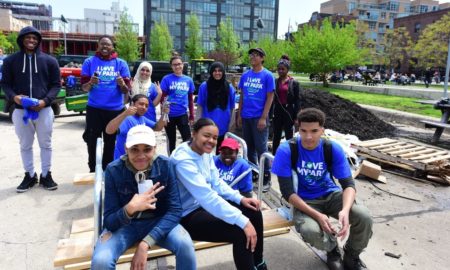 community, jobs, education, health, and safety grant; community volunteers building park benches
