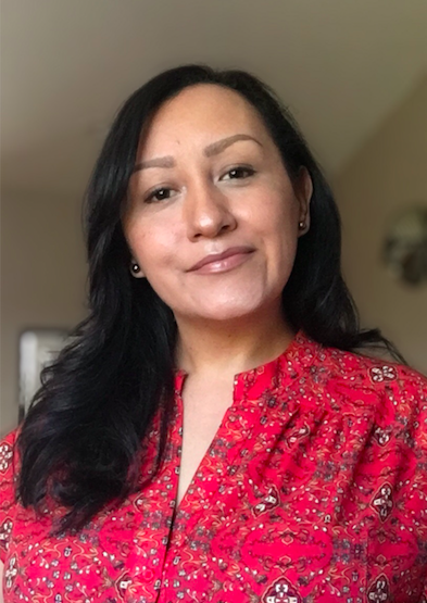 equity: Jimena Quiroga Hopkins (headshot), chief program officer at Development Without Limits, smiling woman with earrings, long black hair, red print top.