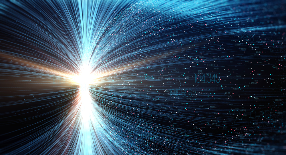 Illustration of data transmission channel. Motion of digital data flow. Transferring of big data.