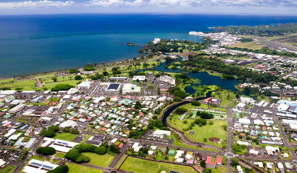 Hawaii community grants; aerial view of town of Hilo, Hawaii