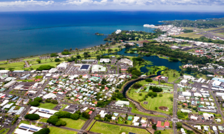 Hawaii community grants; aerial view of town of Hilo, Hawaii