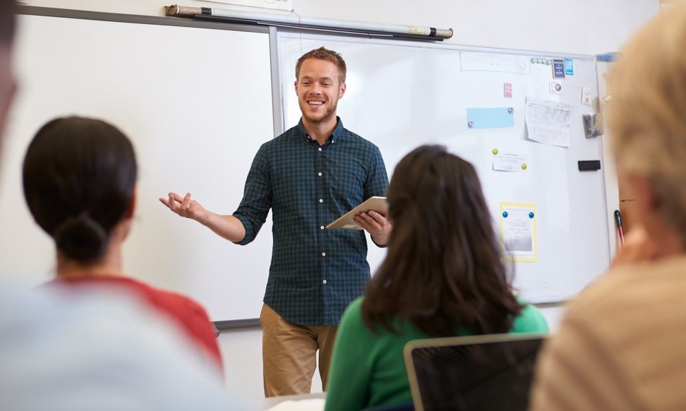 k-12 educator support and development, educator professional development and support grants, learning improvement: male teacher teaching students in classroom