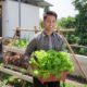 youht-led urban farming grants; young man holding box of lettuce on urban farm