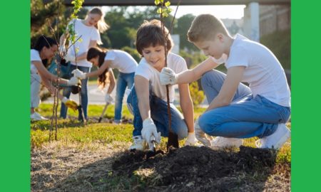youth-led community project grants; group of children volunteers planting trees