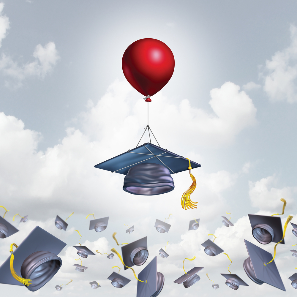 financial aid: a mortarboard or graduate cap being lifted higher with the help of a balloon