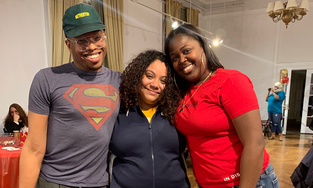 Devante Lewis, theater artist, smiling young man in ball cap, Superman T-shirt. Bronx: Crystalie Romero-Smith, co-founder of Urban Girl Magic, smiling woman with curly black hair wearing blue hoodie. Bronx: Shaniqua West, works with young people, smiling woman in red T-shirt.