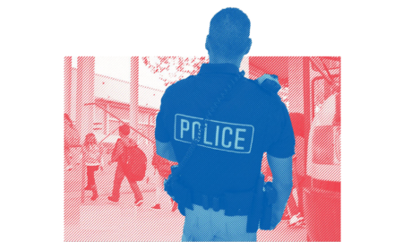 cops and counselors report; policeman watching children go to school