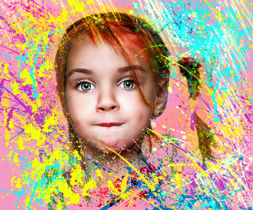 SEL: Beautiful child surrounded by colorful slashes of paint.