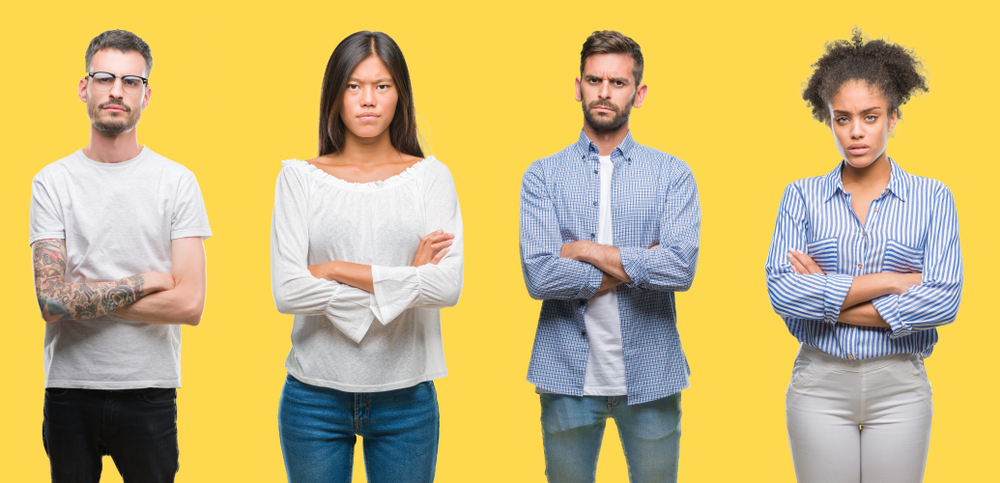 restorative justice: Collage of women and men over colorful yellow isolated background skeptic and disapproving expression on face with crossed arms.