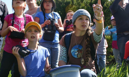 low income youth outdoor education grants; group of youth with binoculars in nature