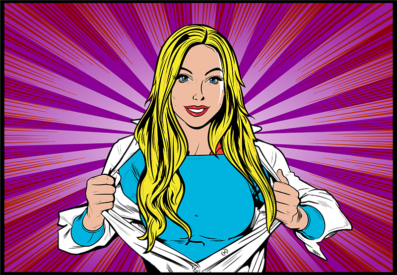 foster care: Super Hero Woman Ripping Shirt Pop Art Comic book style