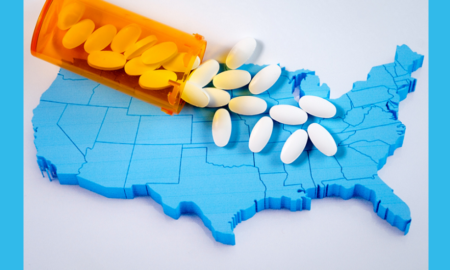 Prescription Opioid Use and Misuse Among Youth in U.S. report; bottle of pills being spilled over map of U.S.