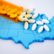 Prescription Opioid Use and Misuse Among Youth in U.S. report; bottle of pills being spilled over map of U.S.