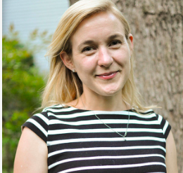 suicide: Elizabeth Banach (headshot), executive director of Marylanders to Prevent Gun Violence, smiling woman with long blonde hair, earrings, necklace, black and white striped top 