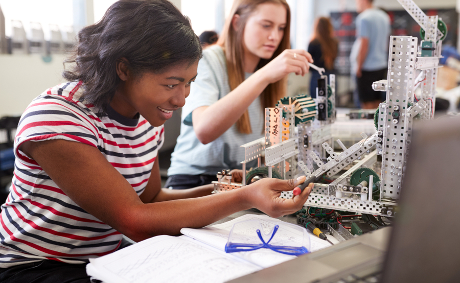 BIPOC girls in STEM; two female students working on STEM project