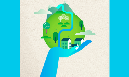 community and environment sustainability and education grants; graphic of blue hand holding sustainable globe